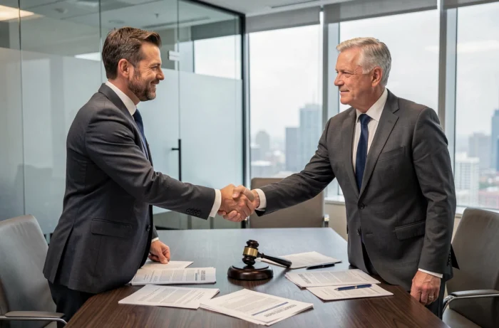 Deux professionnels en costume signant un accord juridique autour d'une table de conférence avec contrats et marteau de juge
