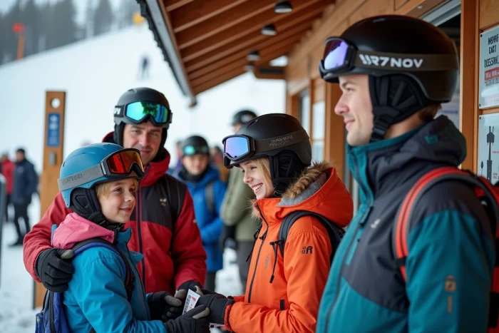 Famille achetant des forfaits de ski au guichet d'une station de ski dans les Alpes françaises