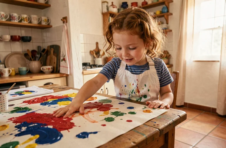 Petite fille faisant de la peinture avec les mains sur une table de cuisine en bois, activité créative pour enfants