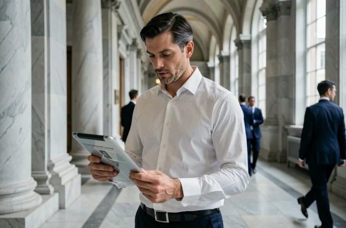 Homme en tenue formelle lisant les actualités juridiques sur une tablette dans un couloir de palais de justice aux colonnes de marbre