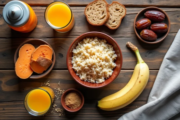 Assortiment de glucides complexes et simples recommandés avant l'entraînement sportif disposés en flat-lay sur une table en bois
