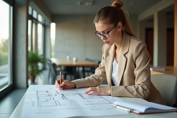 Femme étudie des plans architecturaux dans un bureau moderne