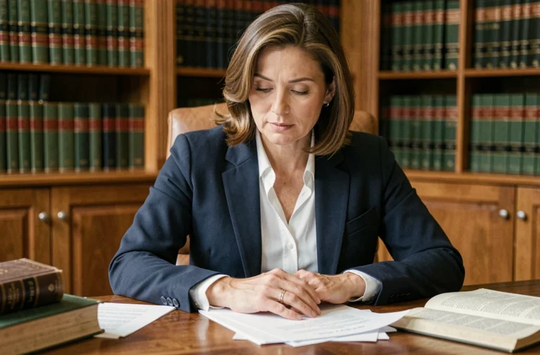 Avocate en costume marine consultant des documents juridiques dans un bureau classique avec bibliothèque de droit en arrière-plan