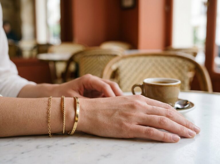 Bracelets fins dorés empilés sur le poignet d'une femme dans un café parisien