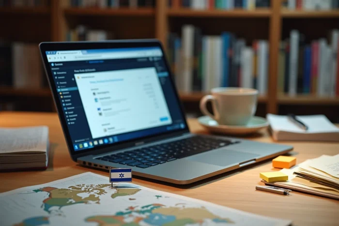 Bureau d'un journaliste avec un ordinateur portable affichant une interface VPN, une carte du monde et des recherches sur les origines corporatives de NordVPN