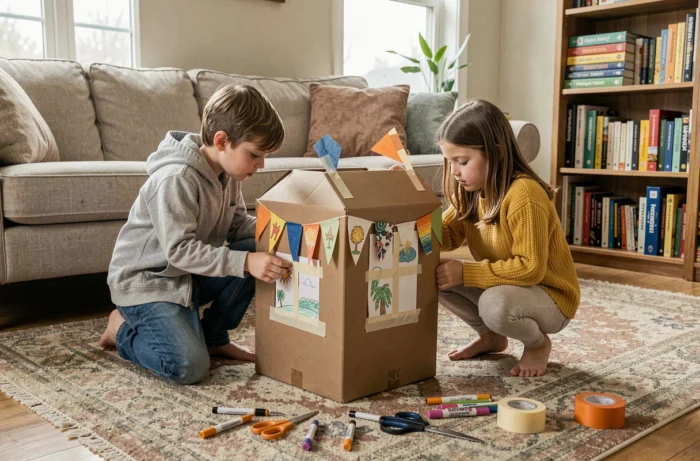 Deux enfants construisant une cabane en carton dans le salon, activité ludique et créative à la maison