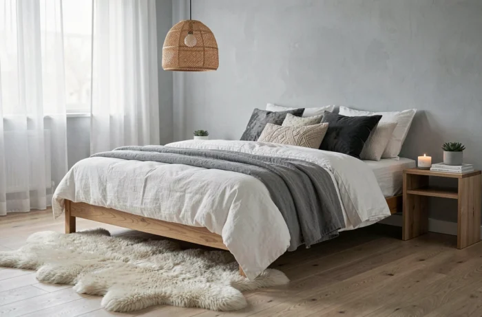 Chambre cocooning au style scandinave avec literie en lin superposé, tapis en peau de mouton et décoration minimaliste apaisante