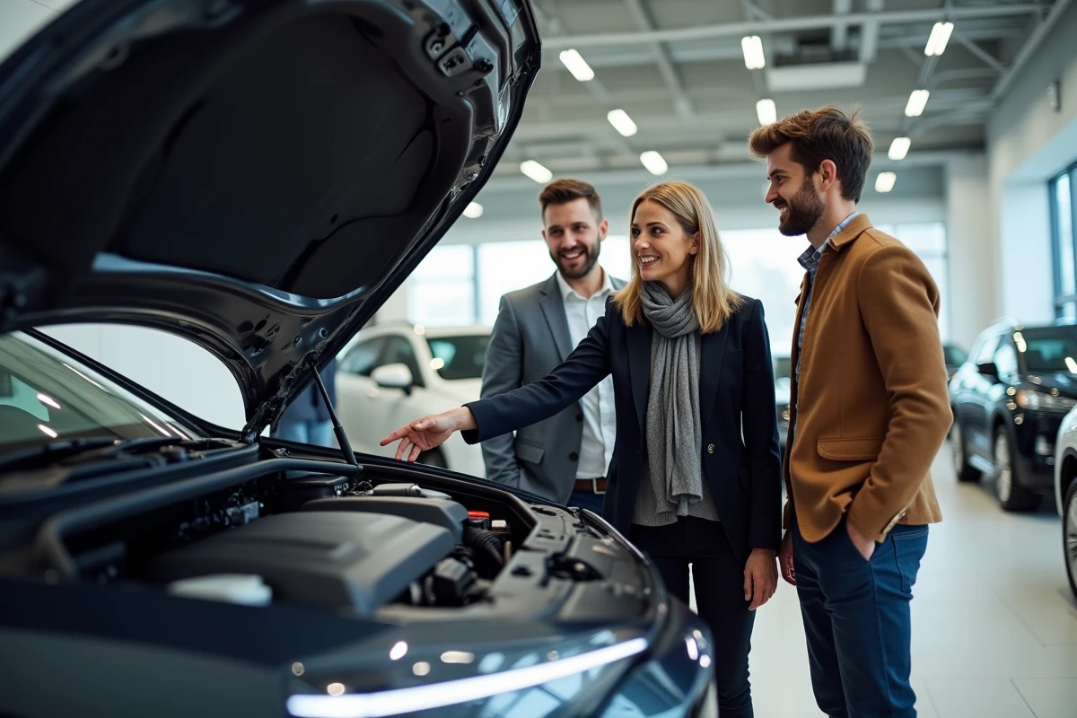 Consultante automobile expliquant le moteur à un couple dans un showroom