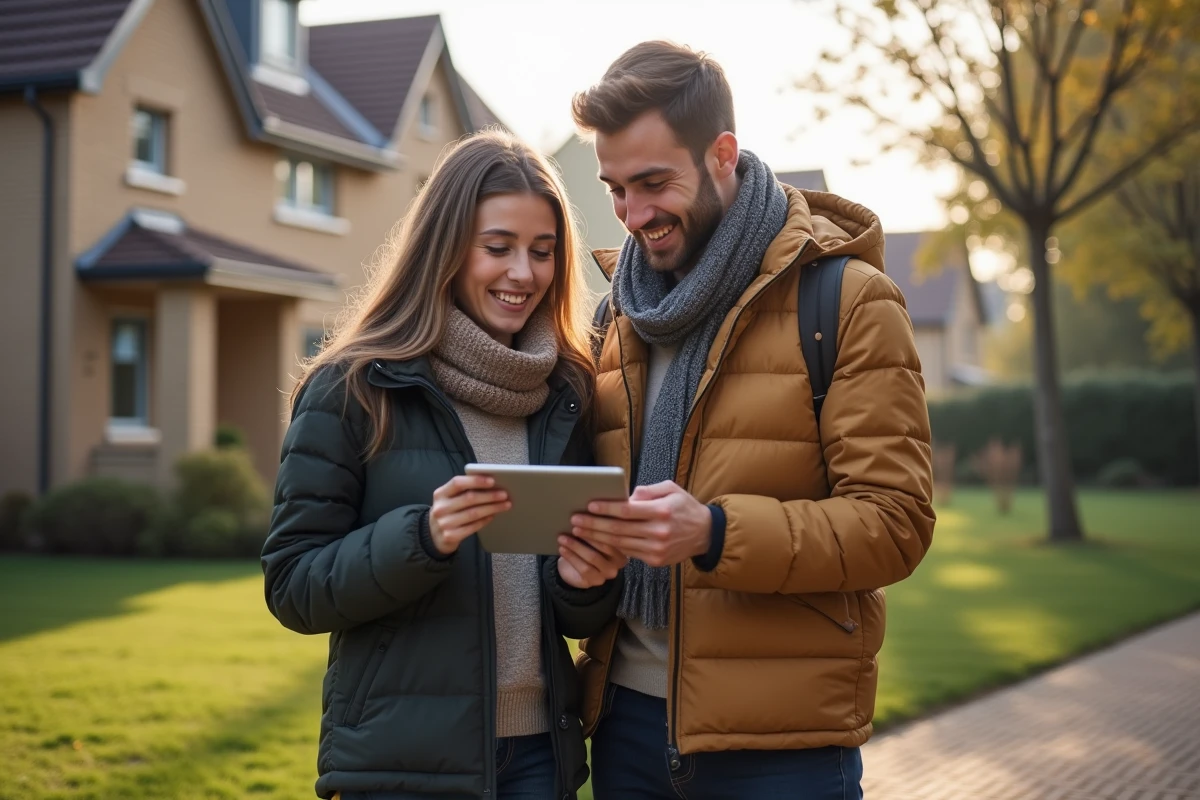 Jeune couple regardant une maison sur une tablette dans un quartier résidentiel