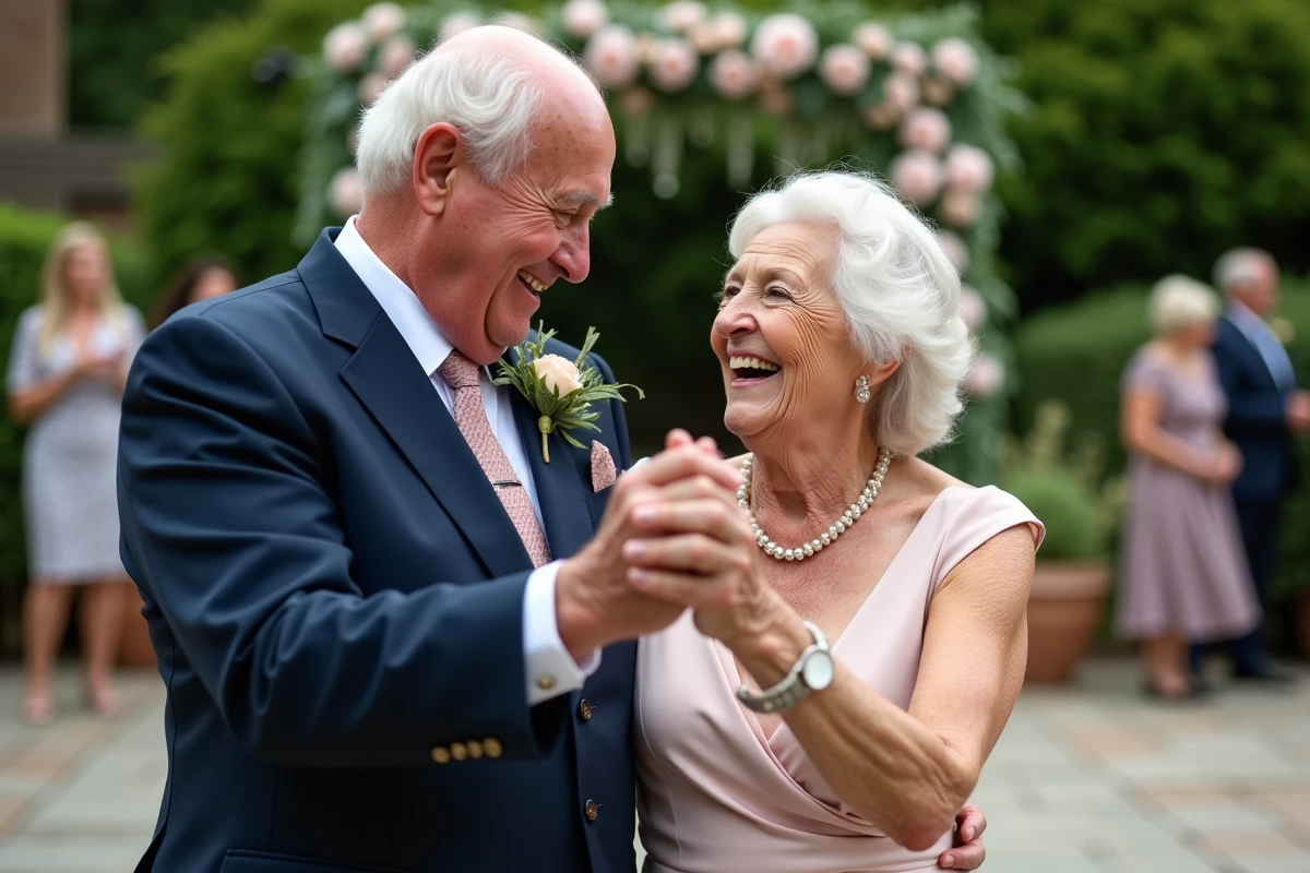 Couple âgé dansant la Madison en extérieur lors d’un mariage