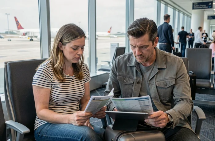 Couple organisant leur voyage dans un salon d'aéroport avec une tablette et un itinéraire imprimé
