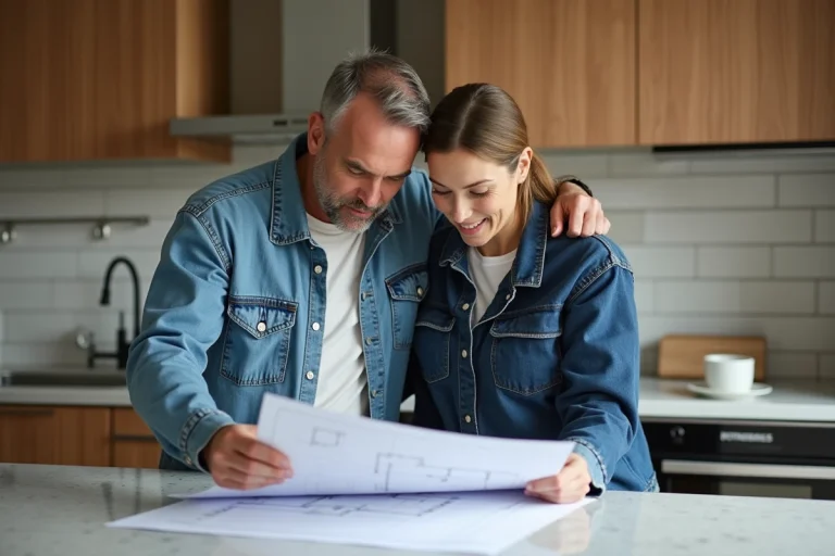 Couple de middleaged révisant des plans architecturaux dans la cuisine