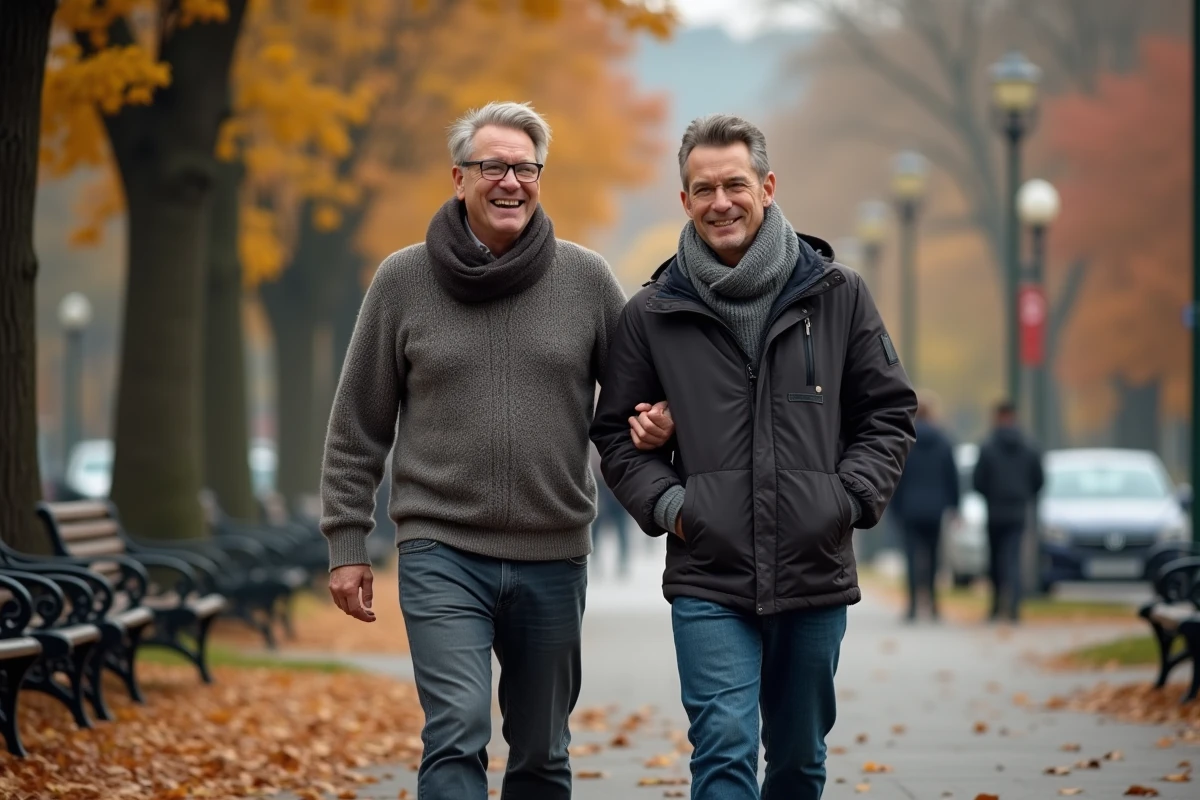 Deux hommes dans un parc en automne partageant un moment