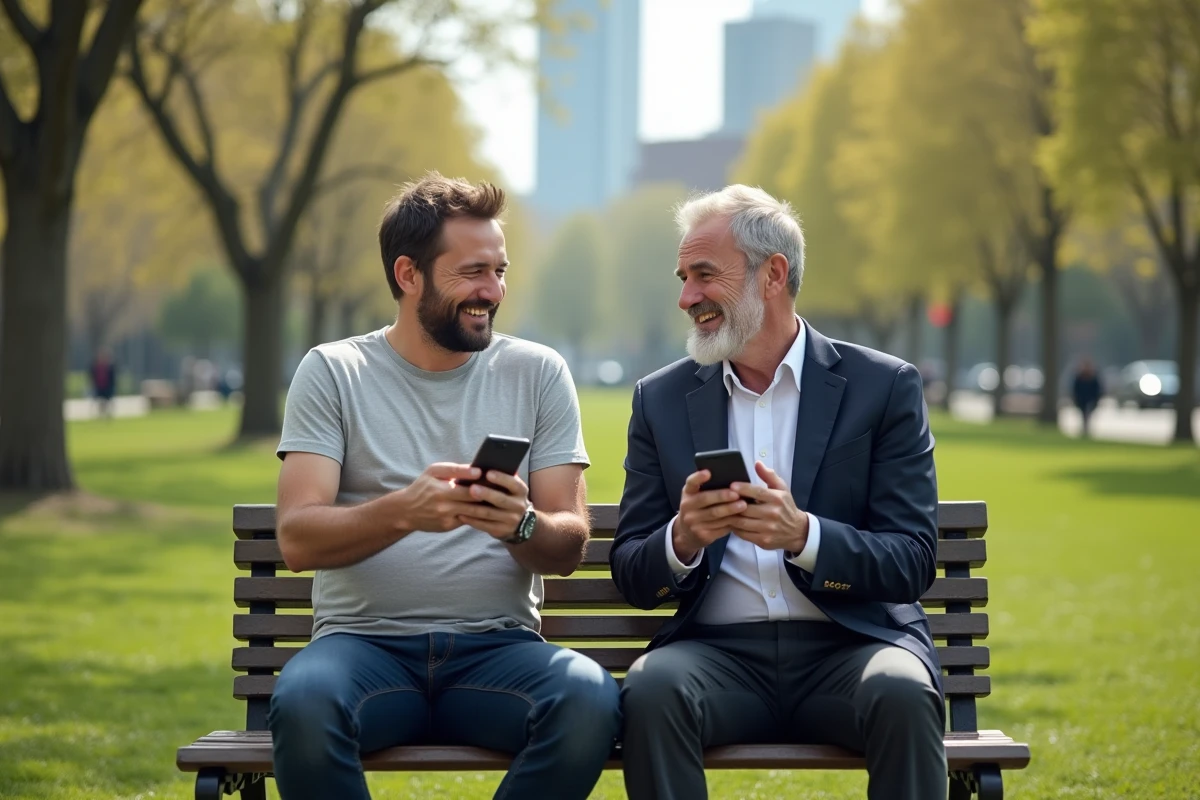 Deux hommes souriants partageant une blague dans un parc urbain