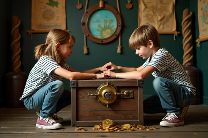 Enfants concentrés sur un cadenas dans un escape game thème pirates à Toulouse