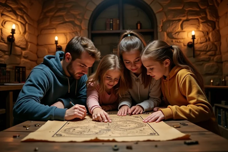 Famille avec enfants résolvant des énigmes dans un escape game médiéval à Toulouse