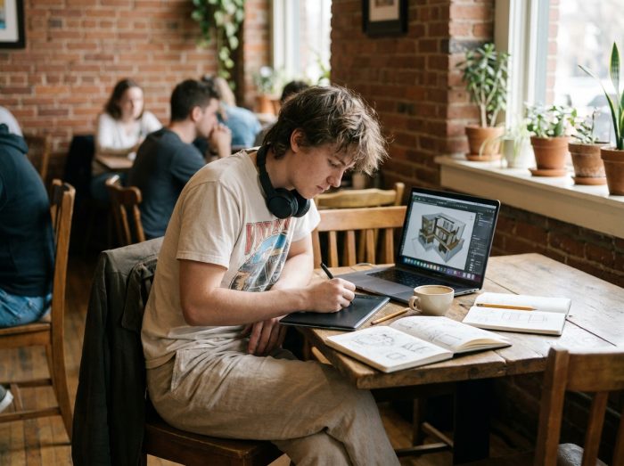 Étudiant en animation 3D travaillant sur une tablette graphique dans un café parisien