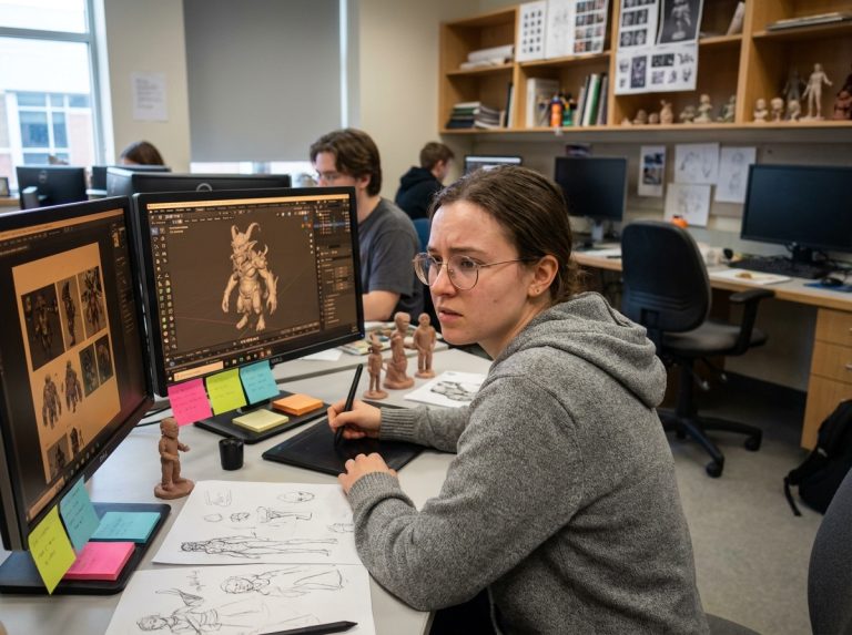 Étudiante en animation 3D travaillant sur un logiciel de modélisation dans un studio universitaire