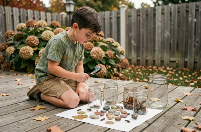 Enfant explorant la nature avec une loupe dans le jardin, jeu éducatif et créatif en plein air