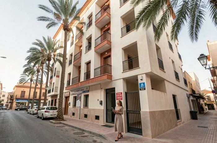 Façade d'un immeuble résidentiel avec panneau à vendre à Guéliz, Marrakech