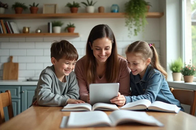 Mère et enfants autour d'une tablette dans la cuisine familiale