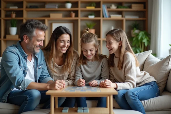 Famille de quatre riant en jouant à un jeu de société