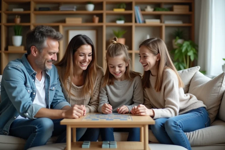 Famille de quatre riant en jouant à un jeu de société