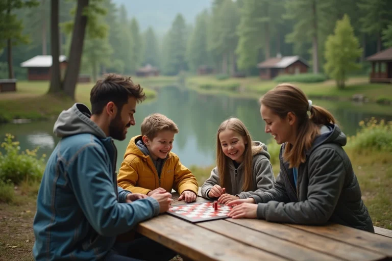 Famille jouant à un jeu en plein air dans la forêt près d'un lac