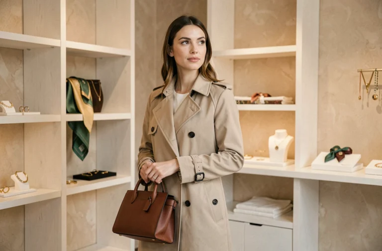Femme élégante tenant un sac en cuir cognac dans une boutique parisienne minimaliste, portant un trench coat beige tendance