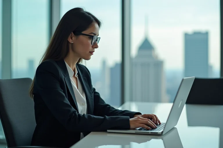 Femme d'affaires concentrée sur son ordinateur en ville