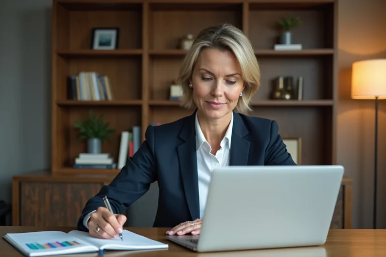 Femme d'affaires en costume au bureau à domicile