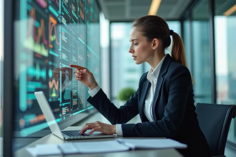 Jeune femme professionnelle analysant des données numériques