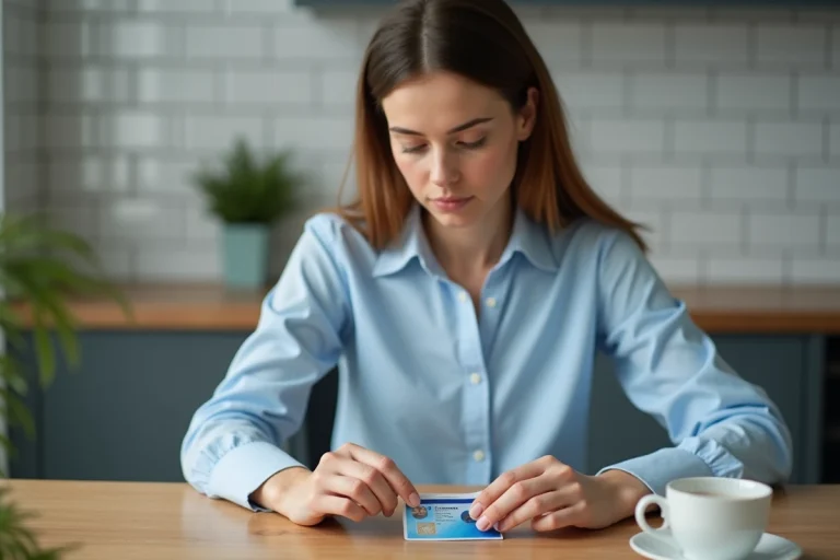 Femme appliquant du ruban sur son permis de conduire