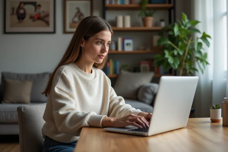 Femme concentrée sur son ordinateur portable à la maison