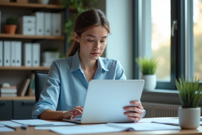 Femme en bureau étudiant ses emails sur son ordinateur