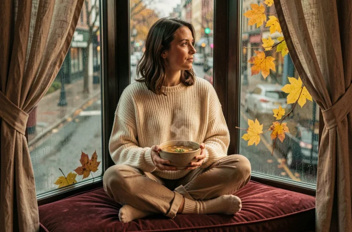 Femme se réchauffant avec un bol de soupe sur un banc de fenêtre cosy par temps de pluie automnale, ambiance maison cocon