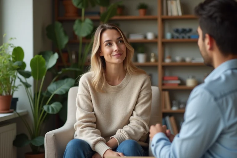 Femme en discussion avec un conseiller dans un bureau apaisant