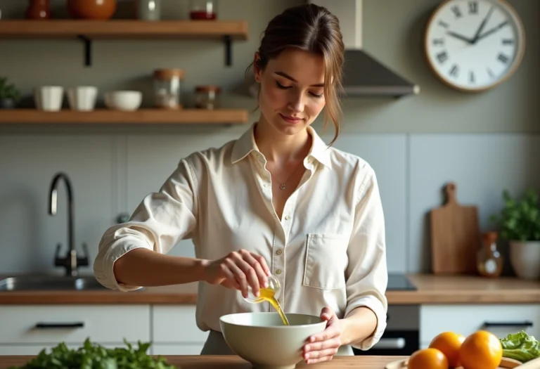 Femme versant de l'huile de paraffine dans un bol de cuisine moderne