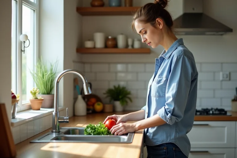 Jeune femme en cuisine préparant des légumes dans un espace lumineux
