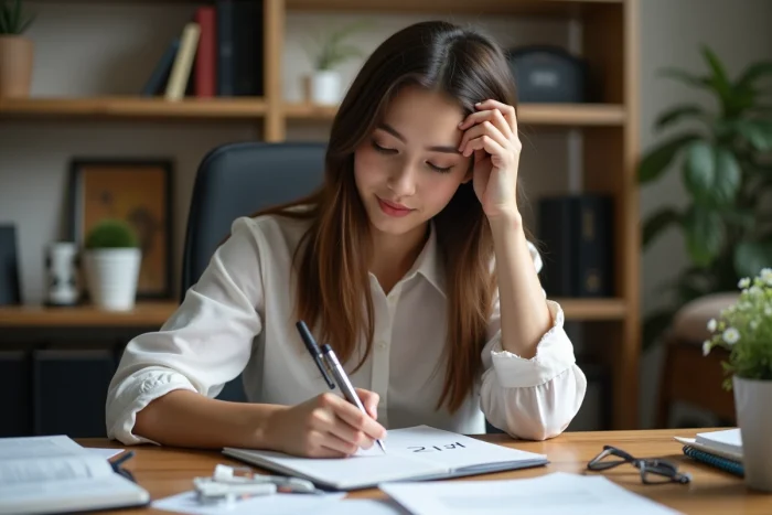 Jeune femme écrivant 21st et 21th sur un carnet