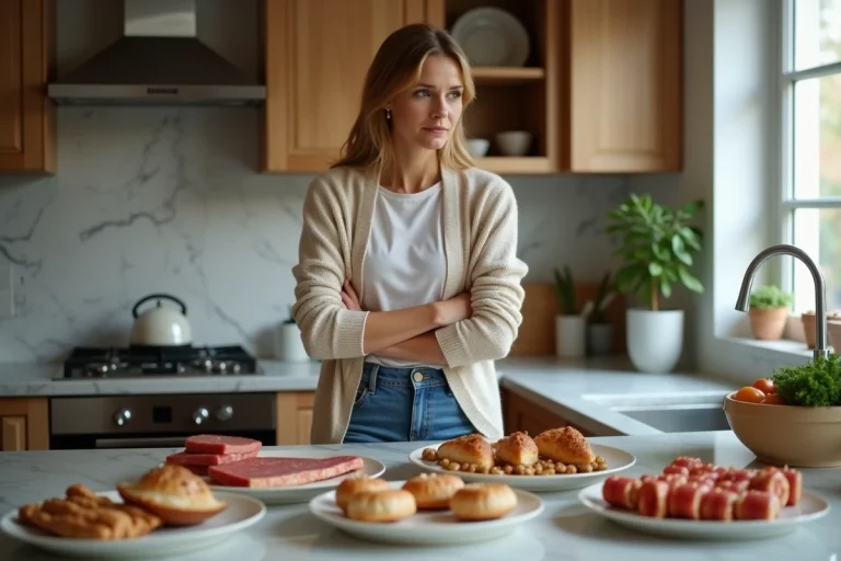Femme hésitant à manger de la viande et fruits de mer