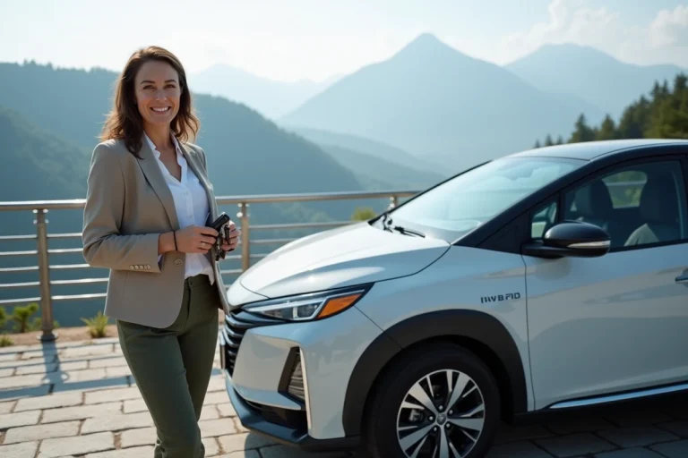 Femme souriante à côté d'une voiture hybride en nature