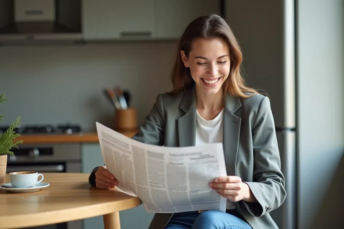Jeune femme lisant un journal dans une cuisine lumineuse