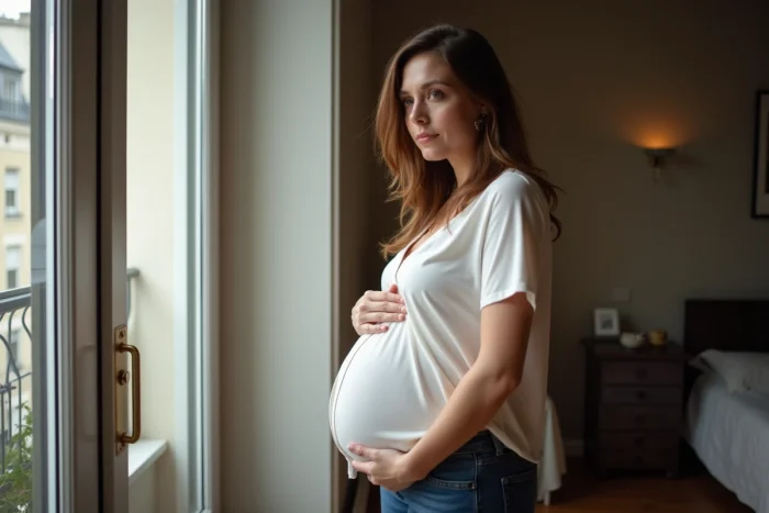 Femme enceinte dans un appartement parisien élégant