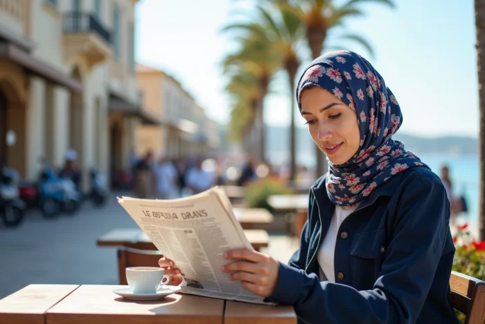 Jeune femme voilée dans un café en bord de mer à Ajaccio, Corse, représentant la communauté musulmane locale
