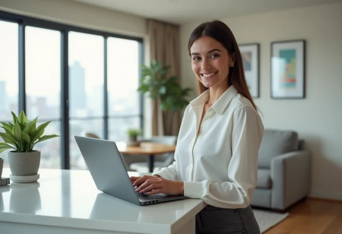 Jeune femme souriante examine documents immobiliers