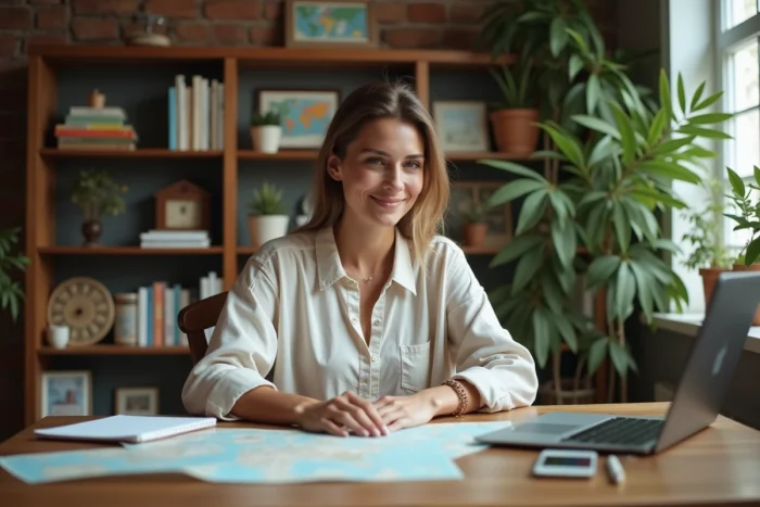 Femme planifiant un voyage avec cartes et ordinateur