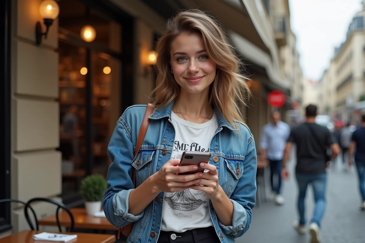 Femme souriante dans un café parisien en extérieur