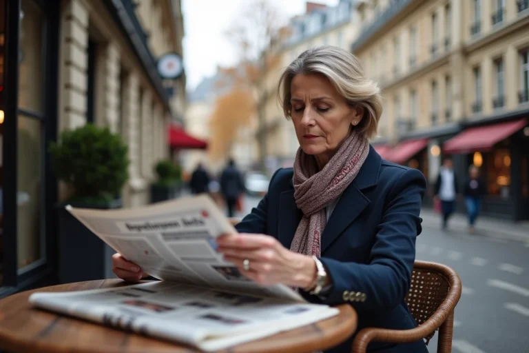 Femme française lisant un journal à Paris en automne