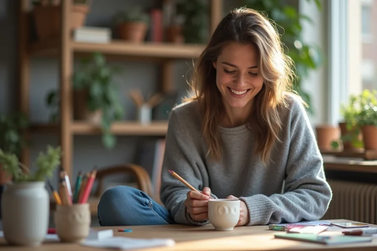 Jeune femme peignant une tasse en céramique dans un intérieur lumineux